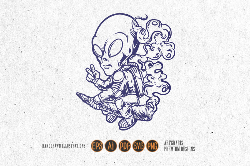 alien-astronaut-flying-with-smoking-weed-illustrations-monochrome