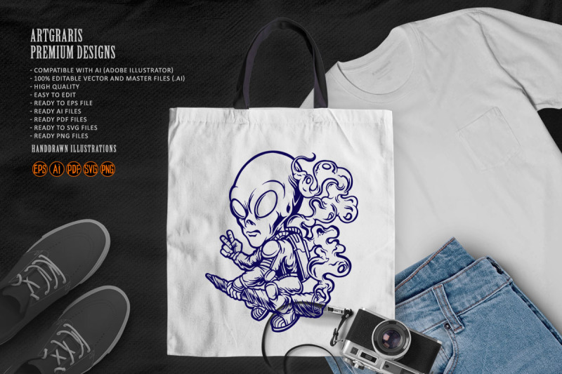 alien-astronaut-flying-with-smoking-weed-illustrations-monochrome