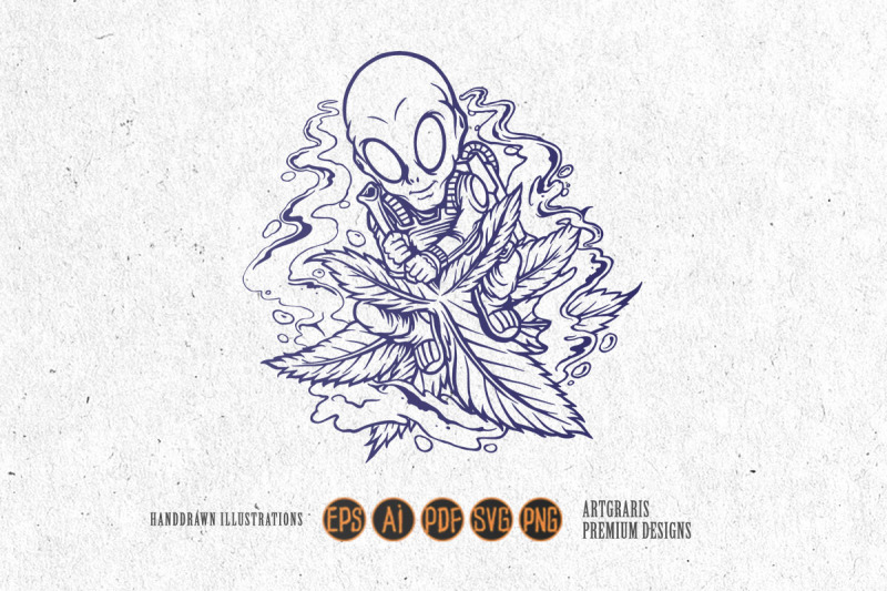 cool-alien-astronaut-flying-weed-leaf-illustrations-silhouette