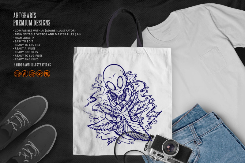 cool-alien-astronaut-flying-weed-leaf-illustrations-silhouette