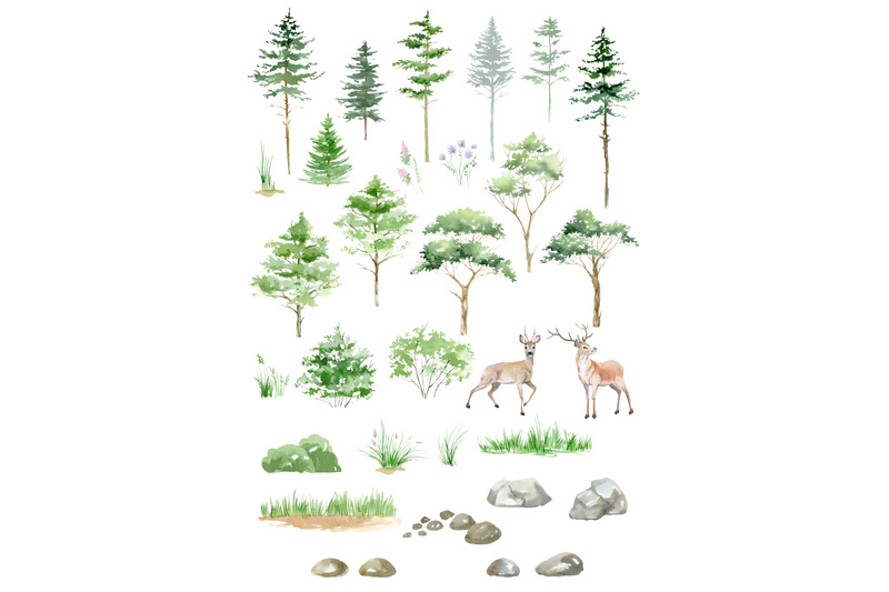 watercolor-forest-clipart-woodland-pine-trees-cabin-in-the-wood