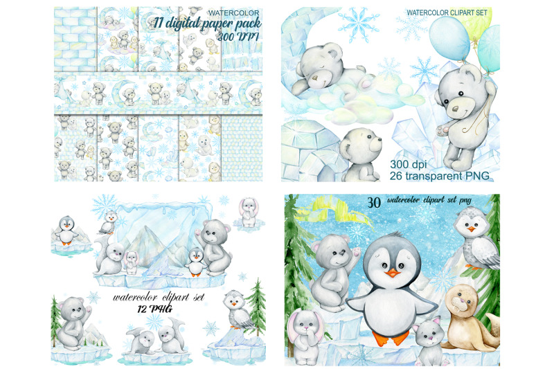 watercolor-polar-bears-clipart-white-bears-digital-paper-baby-bear