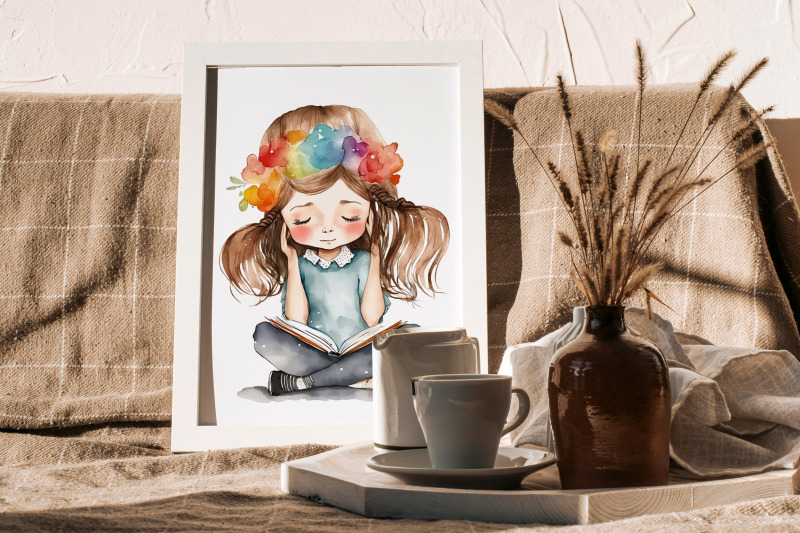 watercolor-clipart-of-cute-little-girls-reading-books