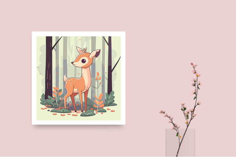 cute-kawaii-fawn-deer-calf-in-a-magical-forest-flat-vector-illustrati