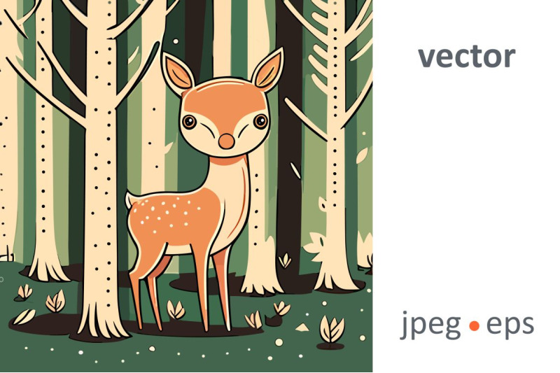 cute-kawaii-fawn-deer-calf-in-a-magical-forest-flat-vector-illustrati