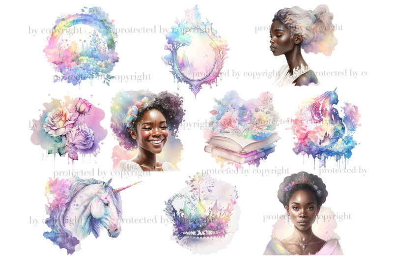 pastel-black-princess-watercolor-fantasy-clipart-bundle
