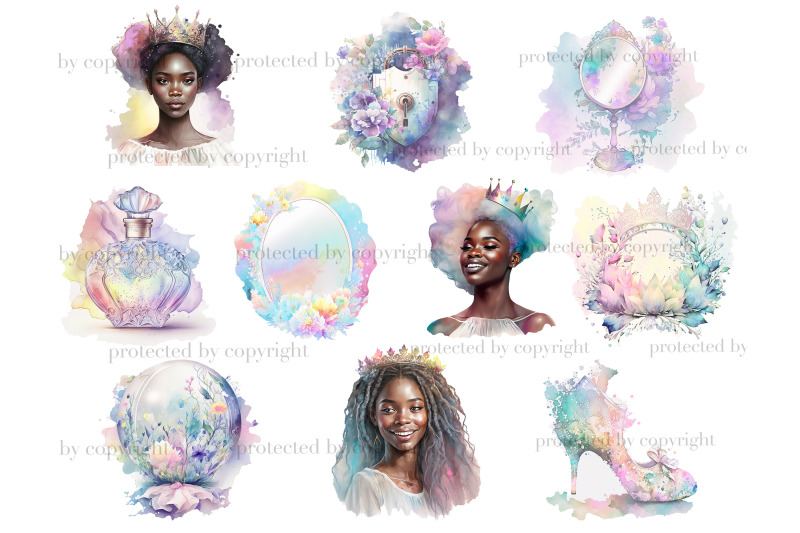 pastel-black-princess-watercolor-fantasy-clipart-bundle