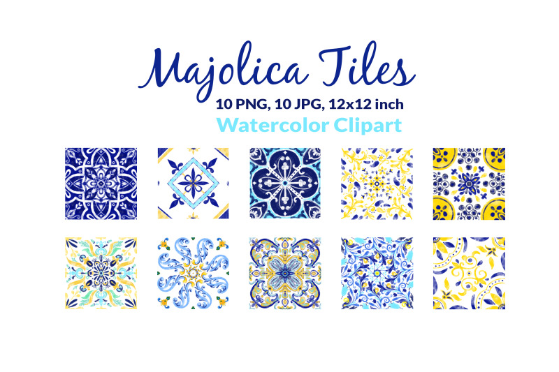 majolica-tiles-amalfi-clipart-positano-watercolor-12-by-12