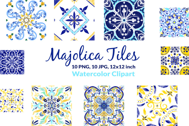majolica-tiles-amalfi-clipart-positano-watercolor-12-by-12