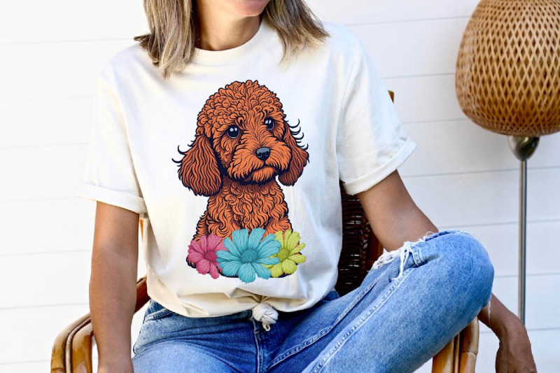 adorable-red-golden-doodle-with-flowers