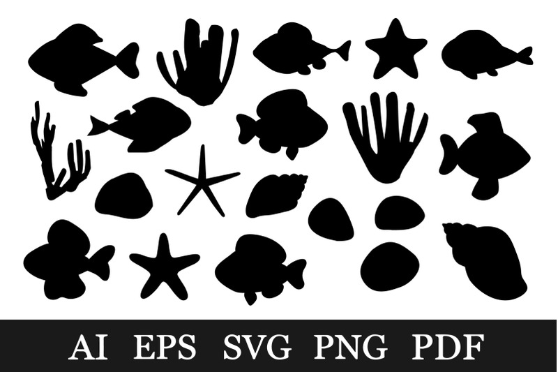 fish-silhouette-starfish-silhouette-sea-shell-silhouette