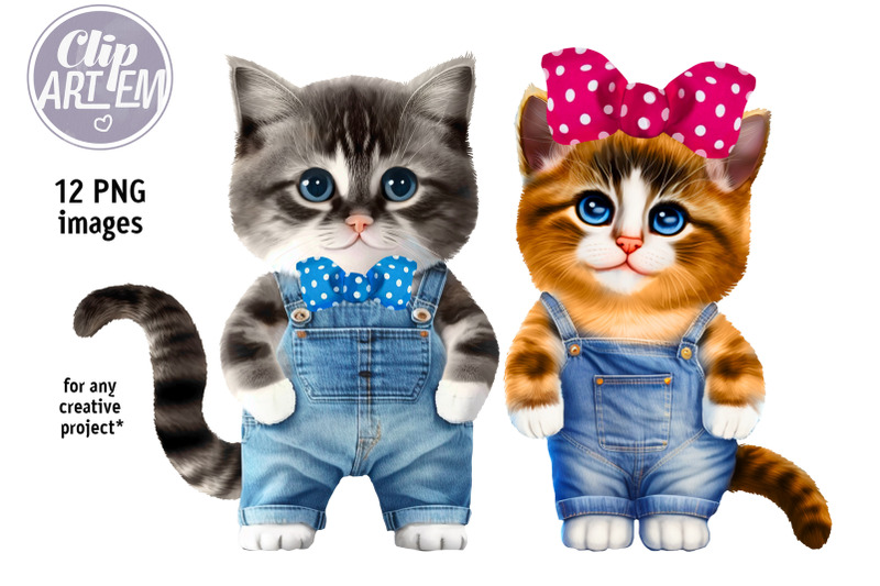 cats-in-denim-dungarees-watercolor-clip-art-12-png-images-bundle