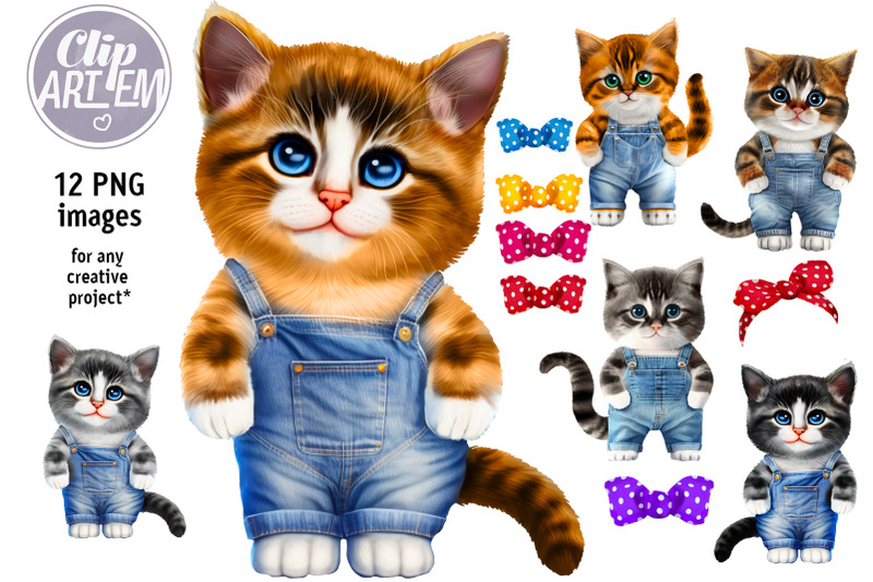 cats-in-denim-dungarees-watercolor-clip-art-12-png-images-bundle