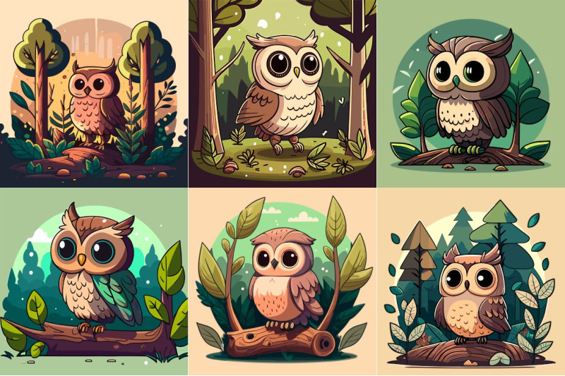 cute-little-owl-owlet-in-a-fairy-forest-flat-cartoon-vector-illustrat