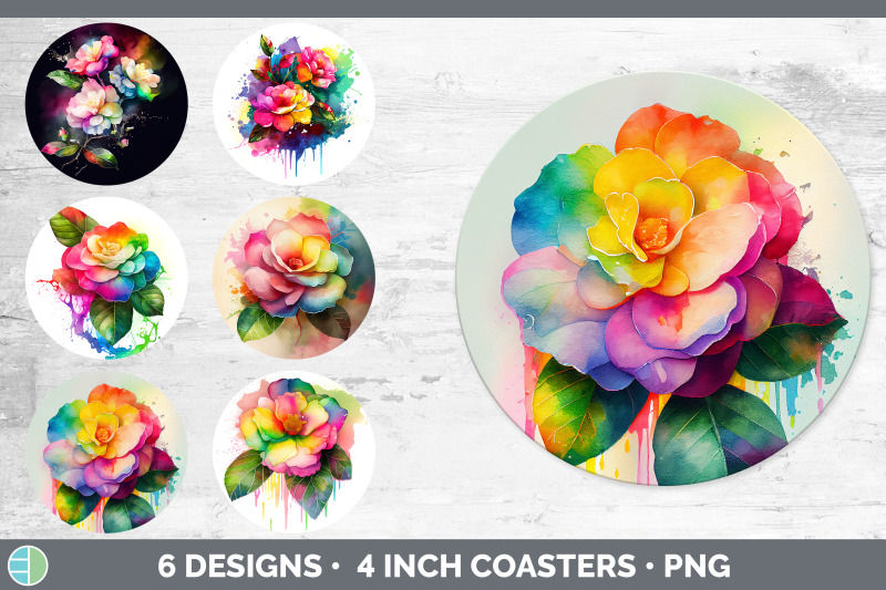 rainbow-camellia-flowers-round-coaster-sublimation-coaster-designs-b