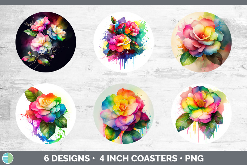 rainbow-camellia-flowers-round-coaster-sublimation-coaster-designs-b