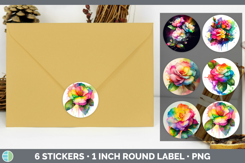 rainbow-camellia-flowers-stickers-round-labels-designs-bundle