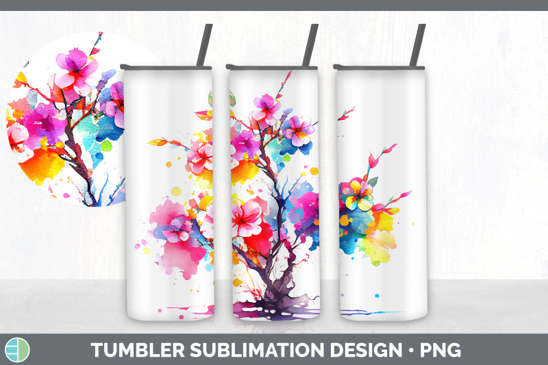 rainbow-cherry-blossom-flowers-tumbler-sublimation-20-oz-skinny-tumb