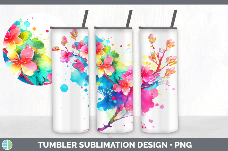 rainbow-cherry-blossom-flowers-tumbler-sublimation-20-oz-skinny-tumb