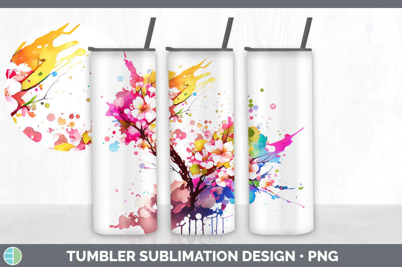 rainbow-cherry-blossom-flowers-tumbler-sublimation-20-oz-skinny-tumb