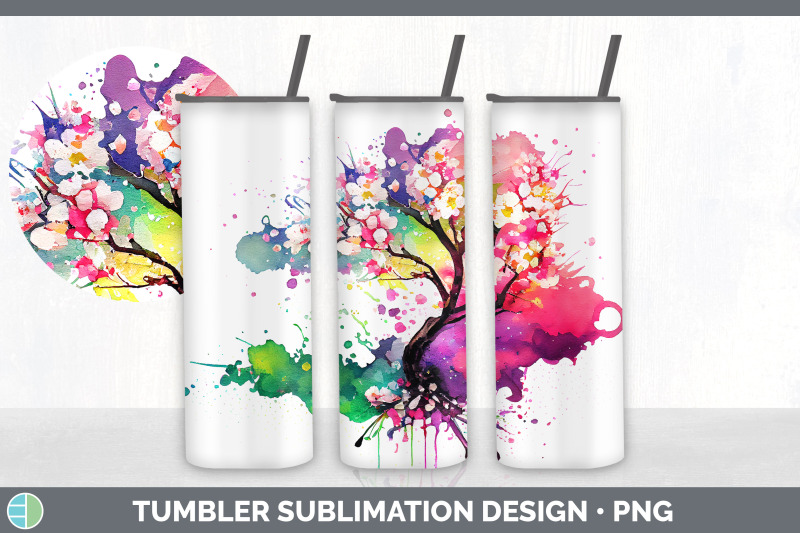 rainbow-cherry-blossom-flowers-tumbler-sublimation-20-oz-skinny-tumb