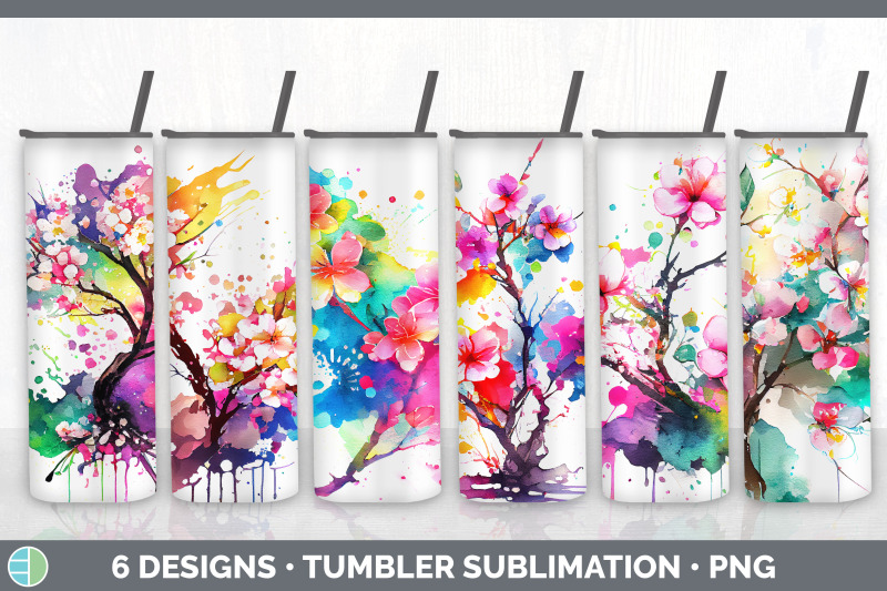 rainbow-cherry-blossom-flowers-tumbler-sublimation-20-oz-skinny-tumb