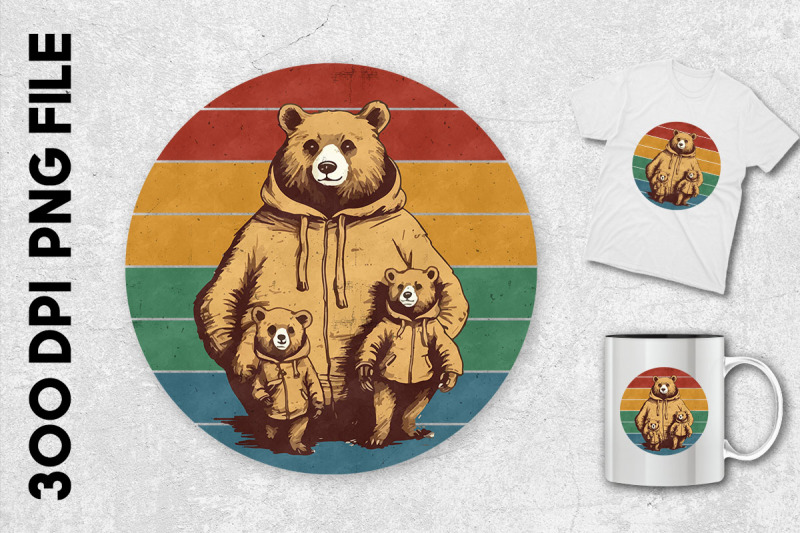 mama-bear-with-2-cubs-retro-background