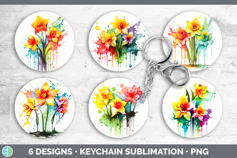 rainbow-daffodil-flowers-keychain-sublimation-keyring-designs-bundle