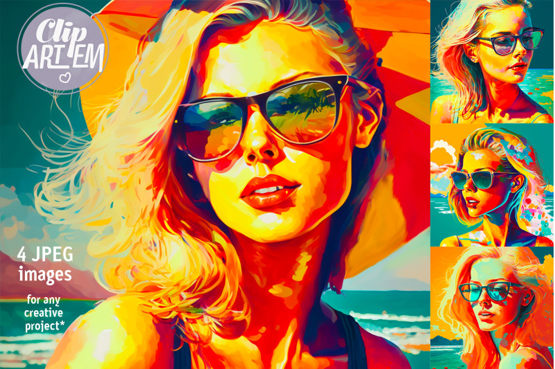 summer-girl-pop-art-colorful-4-images-set-digital-print-wall-art