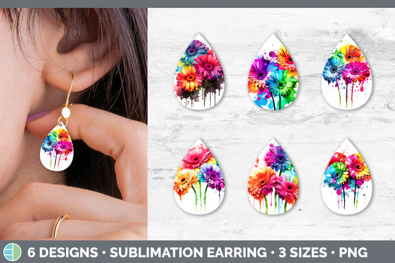 rainbow-gerbera-daisy-flowers-teardrop-earrings-sublimation-earrings