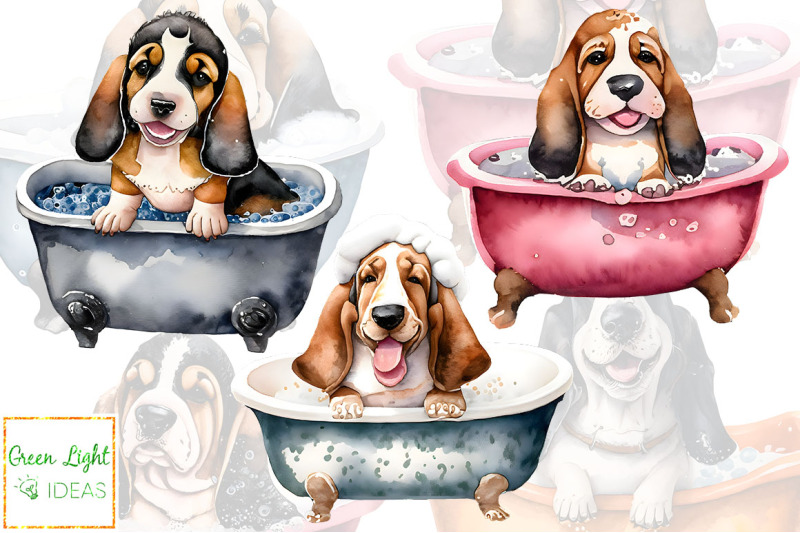 watercolor-cute-basset-hound-dogs-graphics-puppy-taking-bath-clipart