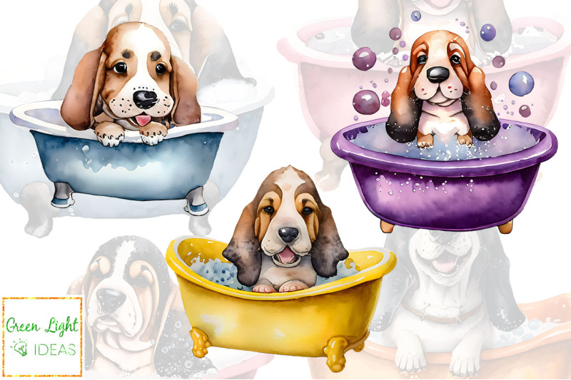 watercolor-cute-basset-hound-dogs-graphics-puppy-taking-bath-clipart