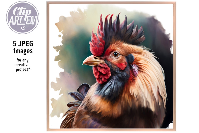 black-cock-rooster-5-jpeg-images-bundle-digital-print-watercolor-decor