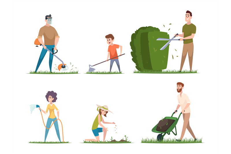 people-gardenning-characters-outdoor-cleaning-grass-with-lawn-mowing