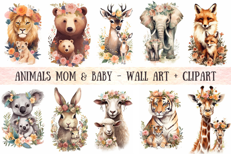 floral-animals-mom-and-baby-wall-art-clipart