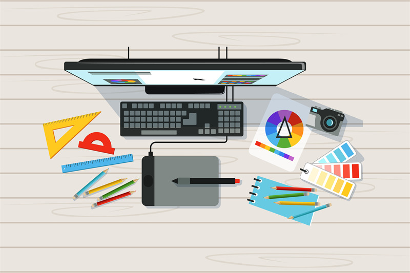 designer-workplace-pc-painter-tablet-pencils-color-pallete-vector-ca