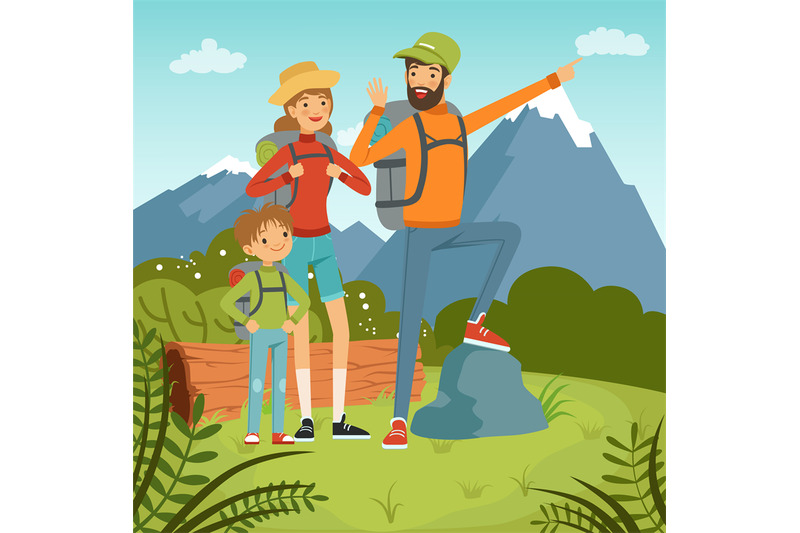 family-travellers-father-mother-and-kids-walking-outdoor-hiking-vect