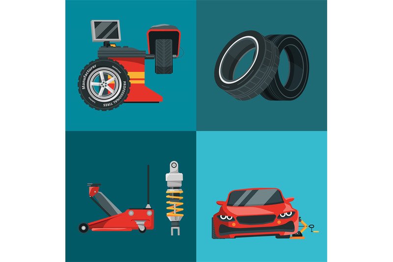 car-service-jack-tire-balancing-vehicle-repair-tools-vector-concept