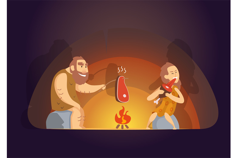 cave-people-wild-persons-male-and-female-eating-meat-in-cave-vector