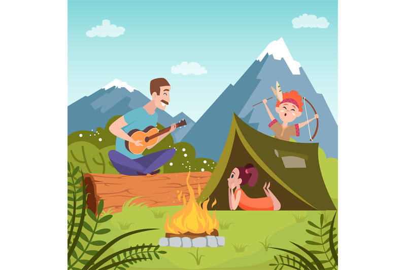 family-outdoor-father-with-kids-relax-in-tent-near-campfire-vector-b