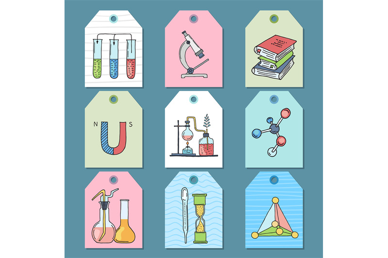 science-tags-chemical-symbols-tubes-formulas-books-magnet-microscope