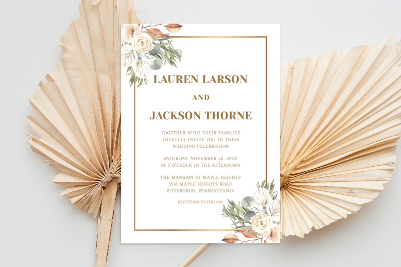 elegant-blush-white-roses-and-gold-frame-wedding-invitation
