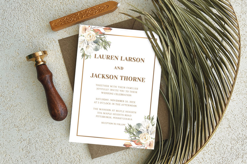elegant-blush-white-roses-and-gold-frame-wedding-invitation