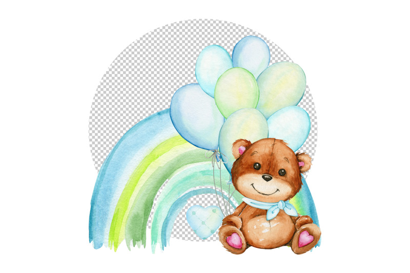 teddy-bear-blue-balloons-rainbow-png-watercolor-teddy-bear-clipart-be