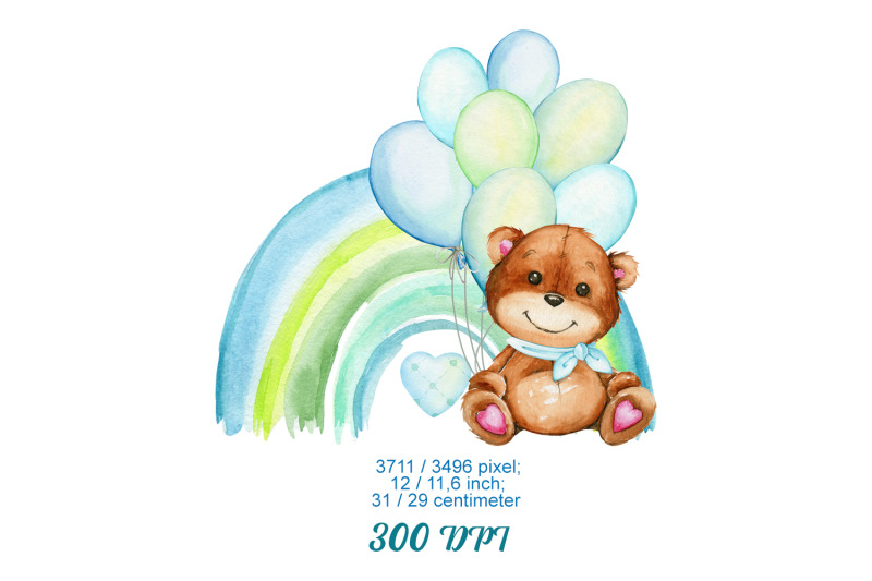 teddy-bear-blue-balloons-rainbow-png-watercolor-teddy-bear-clipart-be