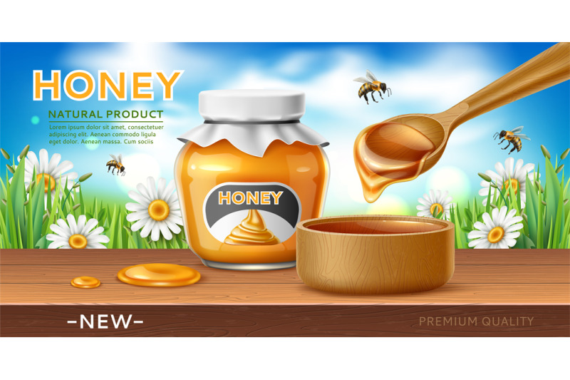 realistic-honey-poster-natural-bee-product-sweet-floral-syrup-packed