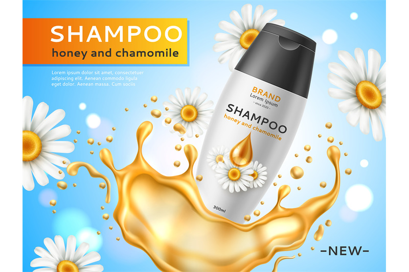 realistic-honey-cosmetic-poster-natural-chamomile-shampoo-bottle-pla