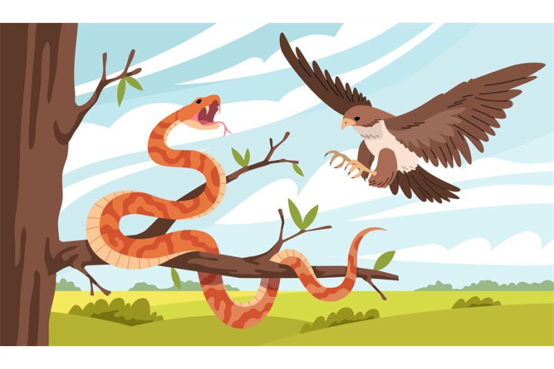 cartoon-snake-nature-eagle-attacks-snake-on-tree-branch-natural-habi