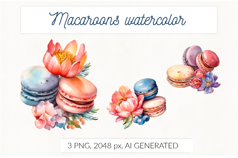 macaroons-with-flowers-watercolor-ai-generative-dessert-png