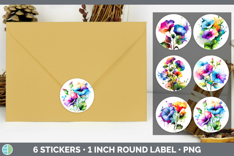 rainbow-morning-glory-flowers-stickers-round-labels-designs-bundle